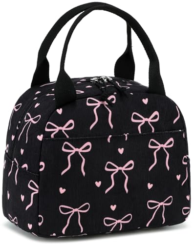 LEDAOU Lunch Box for Women Insulated Lunch Bag Corduroy Lunch Tote Bags Leakproof Cooler Lunch Case for Travel Work Picnic (Bow Tie Black) - color: Bow Tie Black