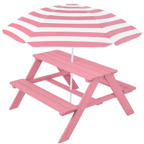 Best Choice Products Wooden Kids Picnic Table with Umbrella, Outdoor Activity Table Set with Built-in Benches, 220 lb Capacity per Bench - Pink - color: Pink