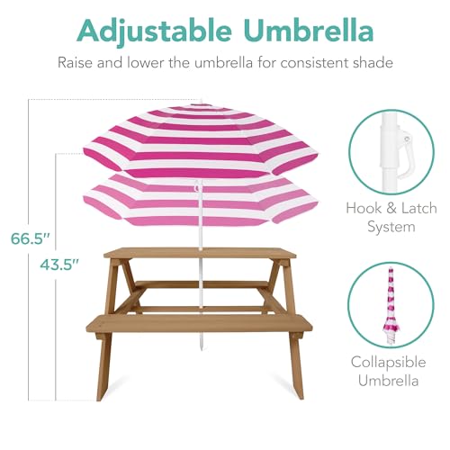Best Choice Products Wooden Kids Picnic Table with Umbrella, Outdoor Activity Table Set with Built-in Benches, 220 lb Capacity per Bench - Natural/Dark Pink - color: Natural/Dark Pink