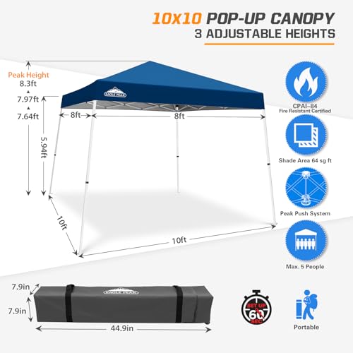EAGLE PEAK 10x10 Slant Leg Pop-up Canopy Tent Easy One Person Setup Instant Outdoor Beach Canopy Folding Portable Sports Shelter 10x10 Base 8x8 Top (Dark Blue) - color: Dark Blue, size: 10x10