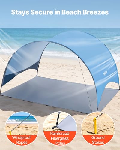 VEVOR Beach Tent Sun Shelter for 3 Person, UPF 50+, Portable Sun Shade Beach with Carrying Bag & Ground Stakes, Lightweight and Easy Setup Beach Umbrella for Camping Fishing Outdoor Picnic - size: 3 Person