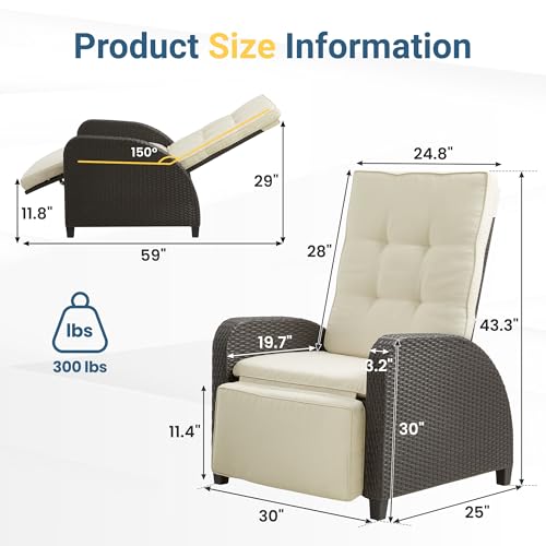 Green4ever Outdoor Patio Recliner with Adjustable Backrest and Footrest, All-Weather Wicker Patio Chair, 160° Lay Flat Patio Reclining Lounge Chair for Garden Backyard, Beige - color: Beige, size: 1 Piece