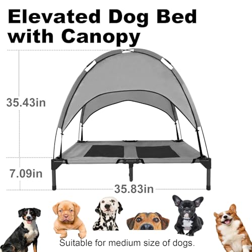 35 Inch Elevated Dog Bed with Canopy, Waterproof & Breathable Medium Cooling Dog Bed with Removable Shade Tent for Camping, Beach, Backyard, Grey