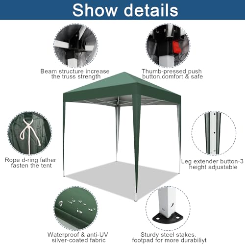 6.5x6.5ft Outdoor Pop Up Canopy Tents,Portable Instant Folding Shelter Gazebos,Waterproof Beach Tents,Easy Up Instant Commercial Canopy Tent,with Carry Bag,for Garden Event Wedding Party BBQ (Green) - color: Green, size: 6.5x6.5ft