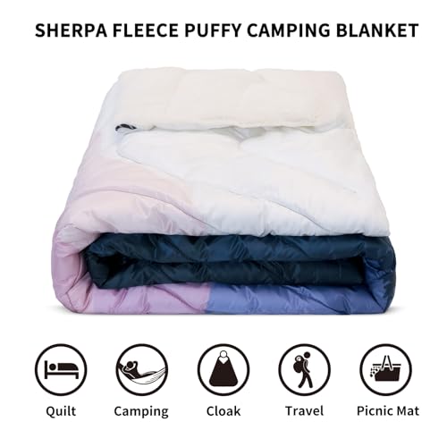 zzlamb Outdoor Camping Blanket with Sherpa Lining,Puffy Thick Camp Quilt for Sleeping,Packable Warm Wearable Fleece Blankets for Cold Weather,Traveling,Backpacking,Picnics,Beach,Stadium 52x75in - color: Lavender Ridge Fade