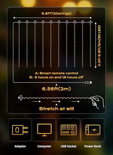 Brightown 300 LED Fairy Curtain Lights, 9.8ft x 9.8ft String Lights, USB Plug in 8 Lighting Modes Christmas String Hanging Lights with Remote for Bedroom Indoor Outdoor Party Xmas Warm White 2 Pack - color: Warm White, size: 2 Pack-300 LED