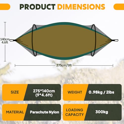Chihee Ultra-Light Travel Camping Hammock Pop-up Net Hammock 660lbs Load Capacity,Breathable,Quick-Drying Parachute Nylon 2 Premium Carabiners,2 Tree Slings Included for Outdoor Backpacking Hiking - color: Camel/Olive Green