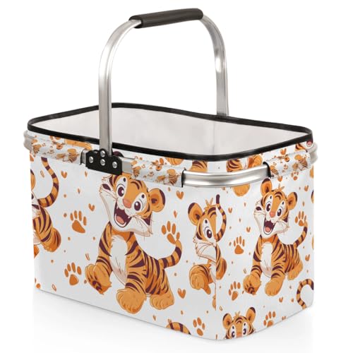 Large Picnic Basket 40L Shopping Basket Grocery Bags Folding Strong Aluminum Frame Market Basket - color: Tiger(style 2)