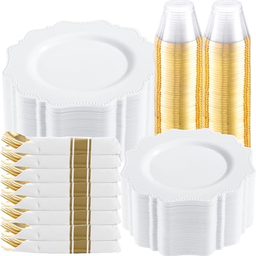 COLOSUS 350pcs White Plastic Plates Disposable Gold Cutlery Dinnerware set for party: 50 Dinner Plate, 50 Dessert Plate, 50 Per Rolled Napkins with Gold Silverware, 50 Cups 9 OZ for New Year - color: White