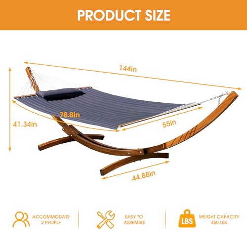 Lazy Daze Hammocks 12 FT 2 Person Double Quilted Hammock with Curved Steel Heavy Duty Stand and Pillow for Outside, Backyard, Patio, 450 Lbs Capacity, Dark Grey - color: Dark Grey