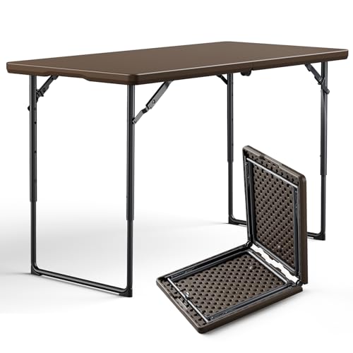 Folding Table 48" x 24" - Heavy Duty Fold-in-Half Plastic Table with Adjustable Height, Portable Utility Tables with Steel Legs for Indoor, Outdoor, Picnic, Camping, Dining, Party (Brown) - color: Brown, size: 48in x 24in