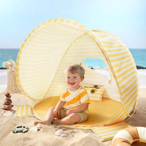 Tiny Land Baby Beach Tent – Pop Up Baby Tent with UV Protection, Portable Baby Beach Essentials, 35.4"x27.6"x31.5" Sun Shelter for Infants, Baby Summer Outdoor Use (Pastel Yellow Stripes) - color: Pastel Yellow Stripes