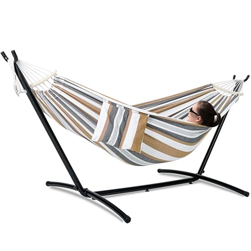 GAFETE Double Hammock with Stand for Outside, Upgraded Spreader Bar, Heavy Duty Space Saving Steel Stand 2 Person, Convenient Pockets, Easy Assembly, 600lbs Weight Capacity, Indoor & Outdoor (Coffee) - color: Coffee