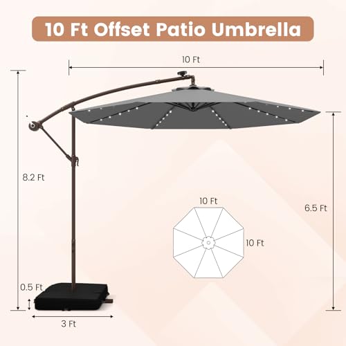 Tangkula 10FT Offset Patio Umbrella with Base Included, Outdoor Cantilever Umbrella with 40 Solar LED Lights, Tilt Adjustment, Crank Handle, Vented Top, Sand Bags for Pool Yard Deck (Gray) - color: Gray
