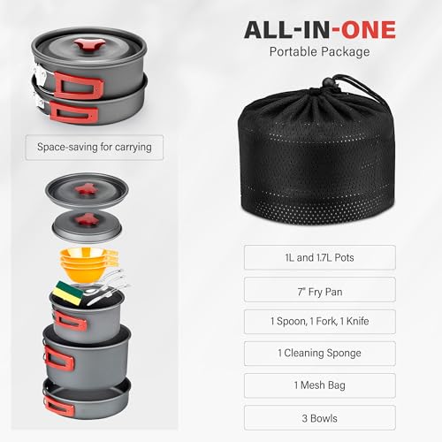 Alocs Camping Cookware Set - Lightweight Camping Pots and Pans - Portable Outdoor Cookware with Kettle - Camping Cookware Mess Kit for 2 - style: Value Kit (13-piece)