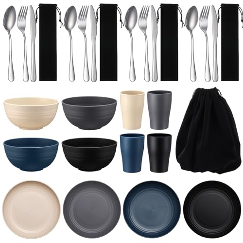 Teenyyou 4 Sets Camping Mess Kits for 4 Person Camping Silverware Set Include Cup, Bowl, Plate, Knife, Spoon, Fork Cutlery Set Unbreakable Wheat Straw Dinnerware Utensils for Travel - color: Dark Color