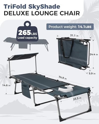 KingCamp Tanning Chair with Face Hole, Lounge Chairs Outdoor Folding Comfy Adjustable 5-Position Foldable Chaise Chaser with Canopy Shade for Outside Beach Patio, Blue/Grey - color: C*skyshade Canopy——blue/Grey Canopy, style: oversized
