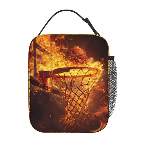 Reusable Basketball Lunch Box for Kids Girls Boys Women Men Adult, Insulated Dynamic Sport Lunch Bag,Polyester Cooler Flame Art Handbags Case for School Picnic Work Travel Beach or Hiking - color: Basketball 02