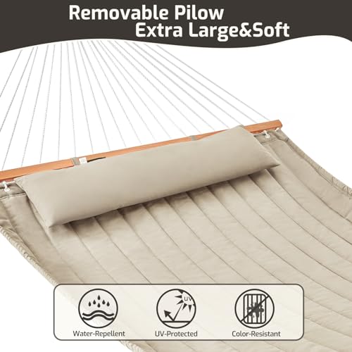 CHULIM Double Quilted Fabric Hammock with Hardwood Spreader Bars and Pillow 450 LBS Capacity 2 Person Large Hammock for Outdoor Patio Backyard Poolside - Tan - color: Tan