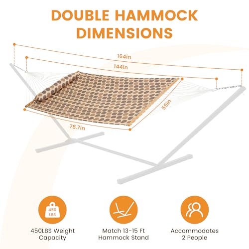 Lazy Daze Hammocks 12FT Quilted Fabric Hammock with Soft Pillow, Double 2 Person Tree Hammock with Spreader Bar for Outside Patio Poolside Backyard Beach, 450 lbs Capacity, Amber Dots - color: Amber Dots