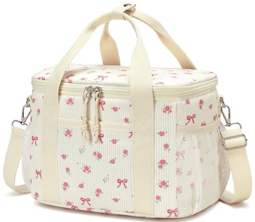 BTOOP Insulated Lunch Bag for Women, Cute Leakproof Lunch Tote, Large Capacity Aesthetic Lunch Box Bag with Shoulder Strap for Work, School, Picnic Pink Bow Floral - color: Pink Bow-Floral, size: Medium