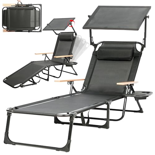 Outdoor Chaise Lounge Chair with 4-Position Adjustable Backrest,Patio Folding Sun Tanning Chair,Pillow & Cup Holder,Portable Recliner Sunbathing Lounger Chairs for Beach Garden (Black with Shade) - color: Black With Shade
