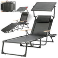 Outdoor Chaise Lounge Chair with 4-Position Adjustable Backrest,Patio Folding Sun Tanning Chair,Pillow & Cup Holder,Portable Recliner Sunbathing Lounger Chairs for Beach Garden (Black with Shade) - color: Black With Shade