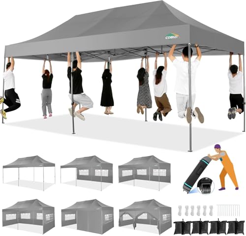 COBIZI 10x20 Heavy Duty Pop up Canopy Tent with 6 sidewalls Easy Up Commercial Outdoor Wedding Party Tents for Parties All Season Wind & Waterproof Gazebo Roller Bag, Light Grey(Frame Thickened) - color: Light Grey, size: 10x20 With 6 Sidewalls