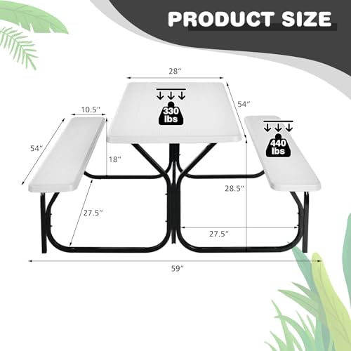 Moccha Picnic Table Bench Set - Portable Plastic Picnic Table w/Steel Frame & Wood-Like Texture, All Weather Heavy Duty Picnic Table Kit, Picnic Tables for Outdoors Garden Patio Party Dining (White) - color: White