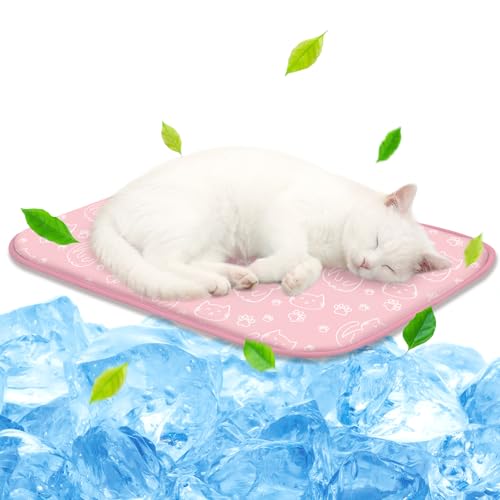 NWK Pet Cooling Mat -Q-Max>0.345 Ice Silk Cooling Mat for Dogs & Cats Portable & Washable Pet Cooling Blanket, Car Seats, Beds for Summer (Pink Cat, 20'' X 16'' X 0.3'') - color: Pink Cat, size: Small (20'' X 16'' X 0.3'')