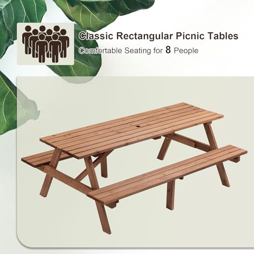 Outdoor Wooden Picnic Table with Benches and Umbrella Hole, Rustic Style Lifetime Picnic Table Bench Set for 6 or 8 Person for Backyard, Porch, Patio, and Deck, Brown - size: Rectangle-6person
