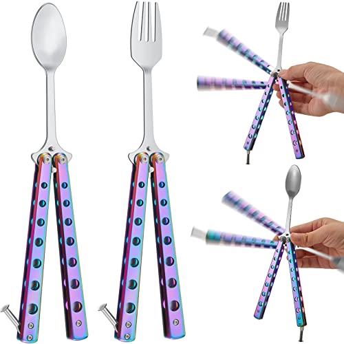 Flutesan 2 Pcs Butterfly Fork and Spoon Set, Tactical Butterfly Spoon Folding Stainless Steel Spork Utensil Set Balisong Trainer for Travel Camping Hunting BBQ Kitchen(Colorful) - color: Colorful
