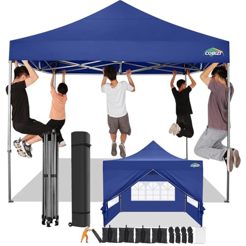 COBIZI 10x10 Pop Up Canopy Tent 10x10 Canopy with 4 Sidewalls Waterproof Heavy Duty Commercial Canopy Tent for Parties Outdoor Garden Gazebo, Carry Bag with Wheel(10x10ft, Dark Blue) - color: Dark Blue, size: 10X10FT 4 Sidewalls