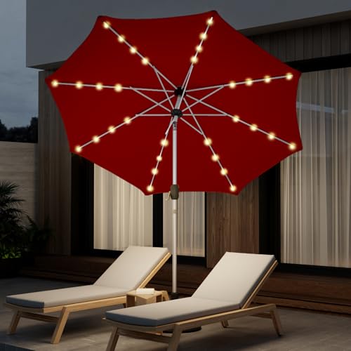 9FT Aluminum Patio Umbrella with 40-LED Solar Lighted, Fade-Resistant Outdoor Market Table Umbrella with Push Button Tilt Function, 8 Sturdy All-Aluminum Ribs for Gardens, Decks, Backyards & Pools - color: Burgundy, size: 9FT 40LED-1Tier (Aluminum Umbrell