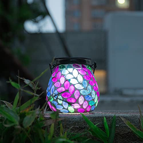 Afirst Mosaic Solar Lanterns Outdoor - Glass Hanging Solar Lights Hollow Out Waterproof Table Lamp Outdoor Decorative for Garden, Patio, Holiday Party Outdoor Decoration - style: Leave