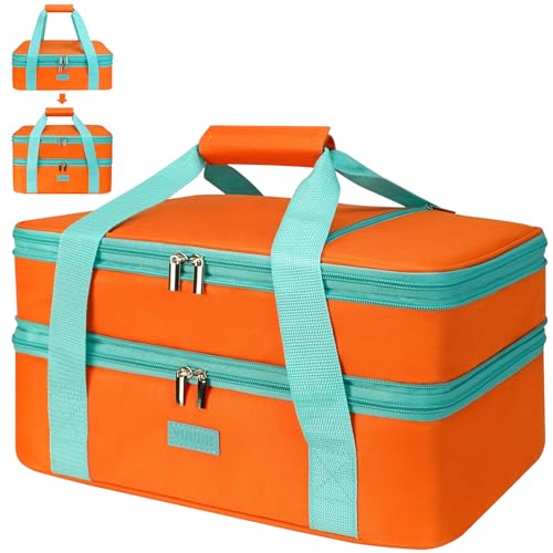 Expandable Casserole Carrier Bag - Double Decker Food Bag, Insulated Casserole Carrier for Hot or Cold Food, Lasagna Holder Tote for Picnics,Beaches,Traveling or Gifts - color: Orange