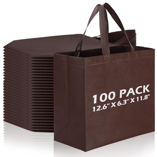 Reginary 100 PCS Reusable Totes Bags - Non Woven Grocery Handle Bags for Shop Events & Retail Store (Brown) - color: Brown