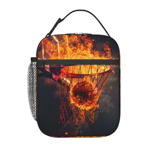 Reusable Basketball Lunch Box for Kids Girls Boys Women Men Adult, Insulated Fiery Sport Lunch Bag,Polyester Cooler Flame Art Handbags Case for School Picnic Work Travel Beach or Hiking - color: Basketball 03