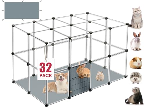 32 Panels Small Animal Playpen, 48" x 32" x 24" Transparent Playpen with Waterproof Mat,Plastic Enclosure,Puppy Play Pen for Chicken,Pet Fence for Guinea Pigs,Bunny,Ferrets,Hamsters,Hedgehogs Indoor - color: 48"L x 32"W x 24"H, style: 32 Plastic Panels