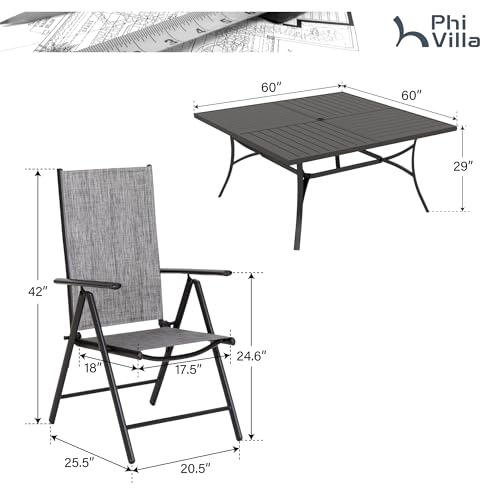 PHI VILLA 9 Piece Patio Dining Set, Outdoor Table and Chairs Set with Adjustable Portable Patio Folding Chairs (Grey) & Large Square Outdoor Dining Table for Yard, Garden and Lawn - color: Grey, size: 9 Piece Square