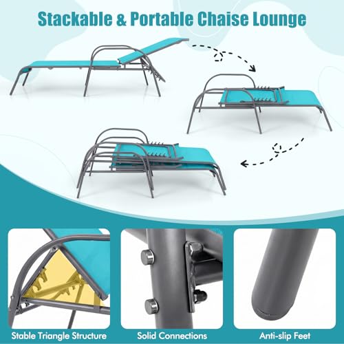 Tangkula Lounge Chair Outdoor, Patio Chaise Lounge with Adjustable Backrest, Reclining Pool Lounge Chair for Outside with Heavy Duty Steel Frame, Suitable for Beach, Yard, Balcony, Poolside - color: Turquoise