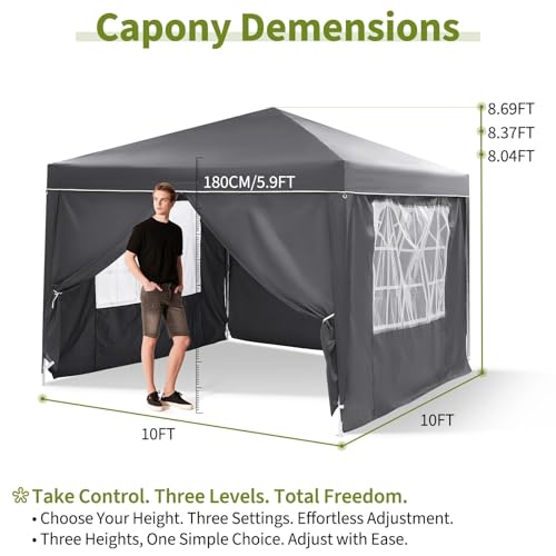 10x10 Pop Up Canopy with 4 Sidewalls, Outdoor Portable Instant Canopy Tent, Waterproof Pop Up Tent, Versatile Gazebo for Camping, Outdoor Parties, Backyard,Beach Activities,Grey - color: Gray
