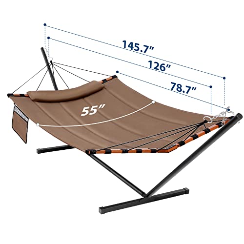 TegerDeger 12FT 2 Person Hammock with Stand Included 55 x 79IN Large Hammock 450LB Capacity with Hardwood Spreader Bar & Nylon Rope for Outside, Patio, Garden, Backyard, Beach, Poolside - Brown - color: Brown