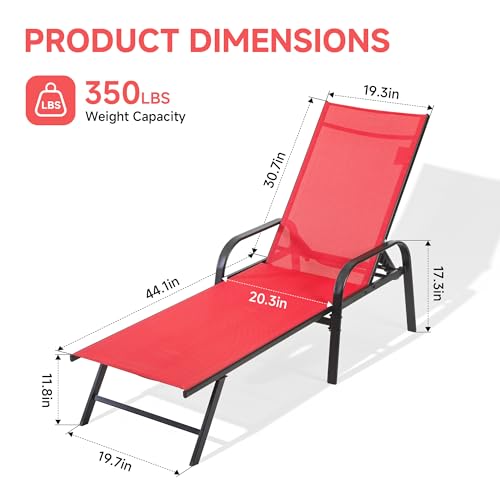 DUMOS Outdoor Lounge Chaise, 5-Position Chaise Lounge with Armrests, Sun Tanning Chair 350 lbs Heavy Duty Patio Pool Chair, Waterproof Sun Lounger for Deck, Backyard, Beach & Poolside, Red - color: Bright Red