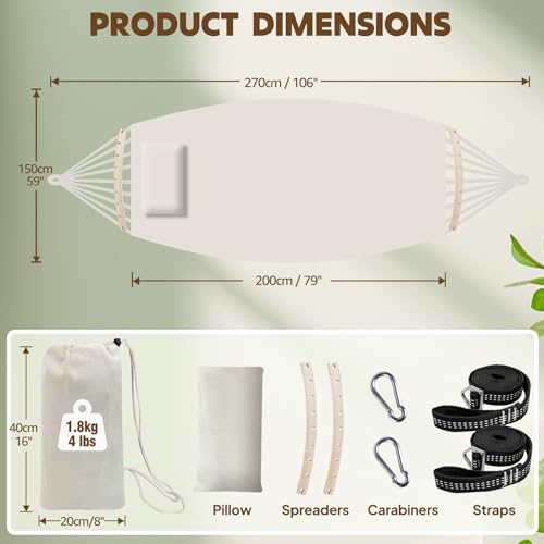 Chihee Cotton Hammock Holds Up to 660lbs Fabric Hammock 8.9x4.9ft Soft Portable Tree Hammocks Camping with Detachable Spreader Bar Pillow 2 Strong Webbings 2 Carabiners Indoor Outdoor Backyard Garden - color: Natural White, size: 270x150cm