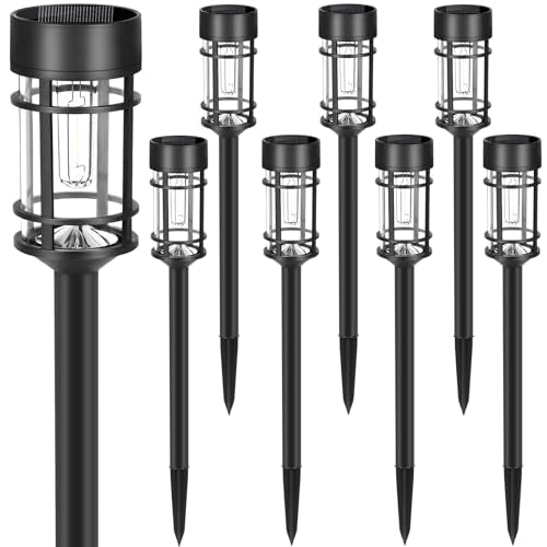 Mancra Solar Pathway Lights, 8 Pack LED Solar Lights Outdoor Waterproof, Glass Metal Garden Lighting for Yard Path Landscape Lawn Walkway Driveway, 3000K - color: Black