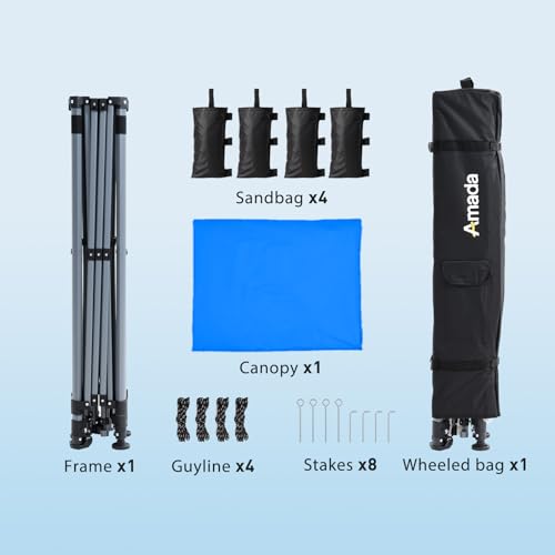 Amada 10x10 Pop Up Canopy Tent, 1-Button Push Easy-up Outdoor Canopy Beach Tent with 3-Height Adjustable Waterproof Shade Shelter, Wheeled STO-N-Go Bag 8 Stakes, 4 SandBags (Blue) - color: Blue, size: 10x10ft