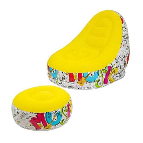 Inflatable Lounge Sofa with Foot Stool,Portable Flocking Recliner Chair Air Couch for Adult,PVC Blow Up Lounger Chair for Home Outdoor (Yellow+Graffiti(No Pump)) - color: Yellow+graffiti(no Pump)