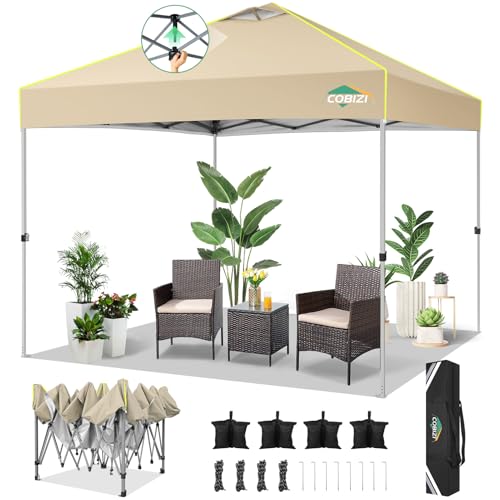 COBIZI 10x10 Pop Up Canopy Tent Without Removable Sidewalls, One Push Party Tent Outdoor Waterproof Event Canopy with Air Vent for Parties Commercial Wedding, 3 Height, Carry Bag, Sandbag, Khaki - color: Khaki, size: 10x10FT