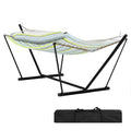 2 Person Double Hammock with Adjustable Steel Stand & Pillow, Heavy Duty Portable Outdoor Hammock Set, MAX 450 LBS Weight Capacity for Patio, Garden, Beach, Backyard - color: V-light Blue-green Striped